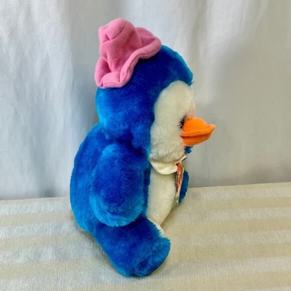 VTG Blue Penguin Plush Commonwealth Toys Huggables Pink Hat Floral Tie Stuffed - Picture 4 of 10